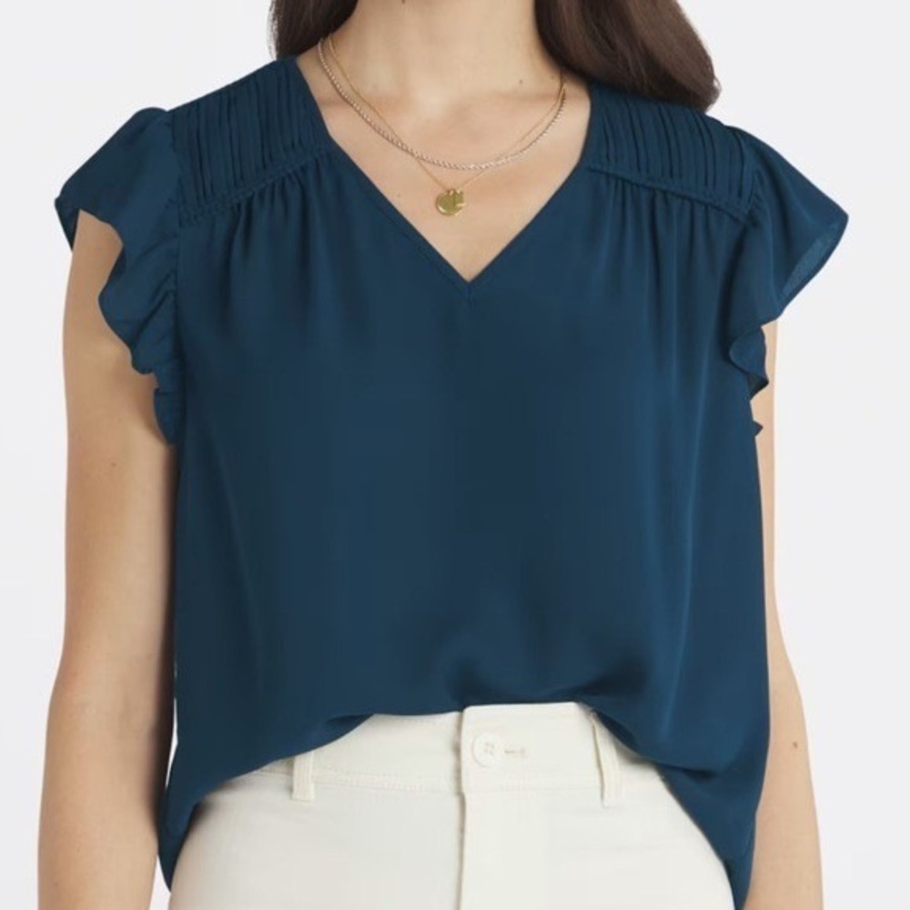Les Serein Navy Blue Flutter Sleeve V-Neck Pleated Blouse NEW Women L